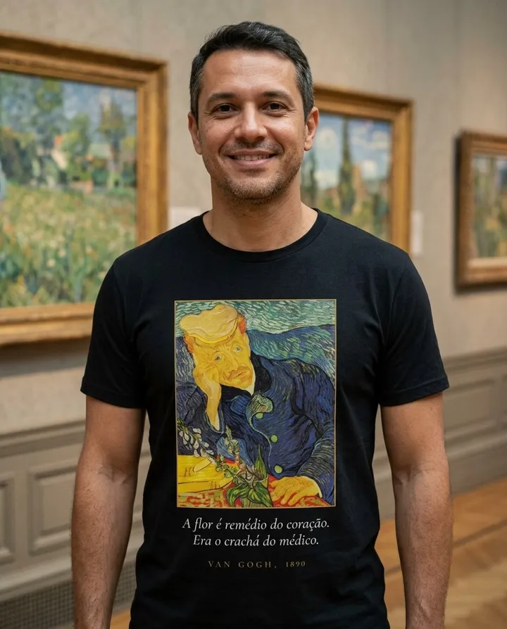 Homem vestindo a camiseta escura com a arte Dr. Gachet